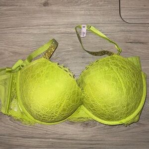 Victoria's Secret Neon Lime Lace Push-Up Bra with Embellished Straps